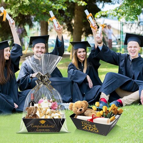 MASHAN 12 Set Class of 2025 Graduation Gifts Baskets,Sturdy Kraft Empty Gift Basket Set with Clear Cellophane Bags, Pull Bows for 2025 Graduation Party Decoration and Supplies(Black and Gold) in Saudi Arabia