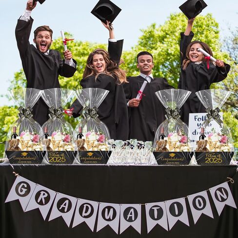 MASHAN 12 Set Class of 2025 Graduation Gifts Baskets,Sturdy Kraft Empty Gift Basket Set with Clear Cellophane Bags, Pull Bows for 2025 Graduation Party Decoration and Supplies(Black and Gold) in Saudi Arabia