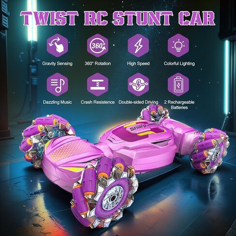Gesture Sensing RC Stunt Car, Boys Girls Ages 6-12 Birthday Gift Ideas, 4WD Transform Off Road for Rotating Hand-Controlled 2.4Ghz Remote Control Twist Cars with Lights and Music Purple in Saudi Arabia