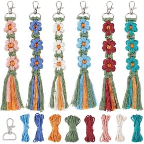 Sunnyclue 6 مجموعات مفاتيح صنع مجموعات Macrame Keychain Kit Daisy Flower Keychain مع تعليمات Boho Tassel مفاتيح زهور مجموعات المبتدئين للمبتدئين الكبار حقائب اليد DIY معلقة زخرفة الزخرفة