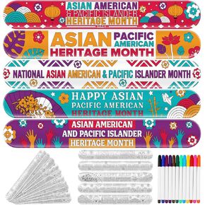 VINSOT 100 PCS Asian Pacific American Honorage Bracelets Slap Slap Bracelets Slap Bracelets Bracelets Bracelets with 12 علامة ملونة ملون أشرطة صفعة بيضاء للتلوين هدايا الحفلات الحفلات الفصول الدراسية