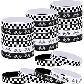 Lesnala 48 PCS Race Car Bracelets Silicone Dequered Flag Flag Wristbands Racing Flag Bracelets Race Party Car Party For Mevents Party Supplies Decorts (Black ، White ، 4 Types)