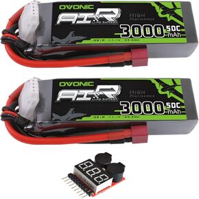 بطارية Lipo 3S Lipo 50C 3000mAh 11.1V Lipo بطارية مع موصل T على غرار T-Style لـ RC Airplane Helicopter Quadcopter RC Car Truck Boat (2 عبوات) (مع مدقق جهد Lipo)