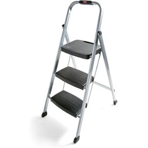 Rubbermaid RM-3W-2W Steel Frame 3 Folding Stool with Hand Grip and Plastic Steps, 250-Pound Capacity, White Finish & RMS-2 2-Step Steel Step Stool with Hand Grip, 225 lb Capacity, White