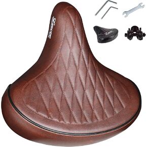 LEWEE Cruiser Brown Bike Seat – Bicycle Saddle Cushion Mountain Extra Wide Stationary Comfortable for Men,Gel Road Retro Exercise Padded Womens Oversized Large Soft Big Memory Foam Pad Leather Beach