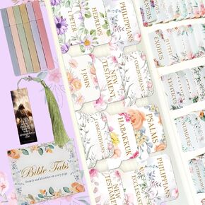 Bible Tabs Includes Bookmark with Beautiful Design, Bible Tabs for Women with a Set of 6 Bible Highlighters, 72 Stickers Bible Accessories Women, Floral Design Bible Tabs for Women Study Bible