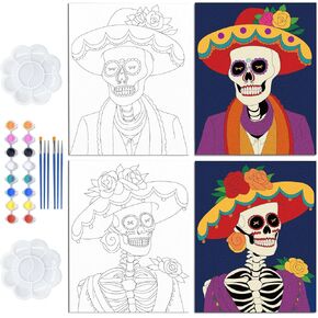 2 أجهزة كمبيوتر مسبقة المقدمة للطلاء للبالغين SIP و Paint Kit Party Supplies تمدد قماشها لطلاء الأزواج طقم طقم Date Night Halloween و Day of the Dead Easel Decorations