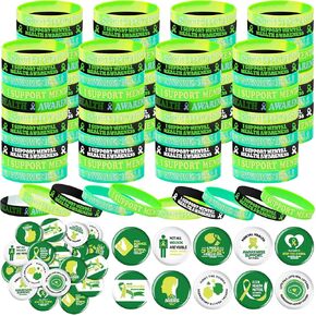 remouuly 200 PCS مجموعة التوعية بالصحة العقلية تشمل 100 أنا أؤيد الصحة العقلية أساور السيليكون معصم و 100 دبابيس زر الشريط الأخضر للنساء الرجال هدايا الصحة العقلية