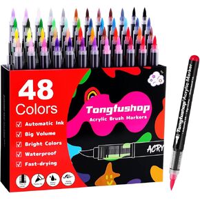 Tongfushop 48 Colors Acrylic Paint Markers, Water Based Acrylic Paint Pens with Automatic Ink Control System & Brush Tip, Waterproof Fabric Markers for Rock Painting, Wood, Stone, Canvas, Glass, Egg