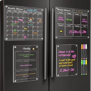 MIKEDE Acrylic Calendar for Fridge, 4 Pack Magnetic White Board Calendar Dry Erase, Reusable Planning Board Set with Strong Small Magnets, Clear Weekly and Monthly for Refrigerator, 6 Markers