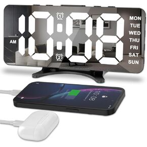 Digital Alarm Clock For Bedrooms, Super Loud 7.1 In Mirror Desk Clock, Large Display, 2 Charger Ports, Oversize font, 5 Levels of Brightness, Night Mode, 12/24H Format, Living Room, Office - Black