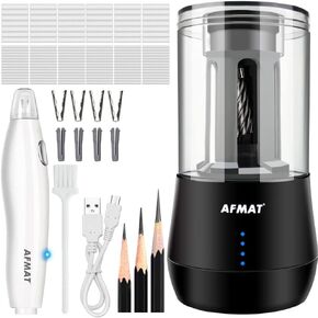 Afmat Long Point Pency Sharpener ، ومرر قلم رصاص للفنون لأقلام الرسم/الرسم من 6 إلى 8.5 ملم ، طرفًا طويلًا فائقًا ، 140 ممحاة ، مموح كهربائي قابل لإعادة الشحن للرسم