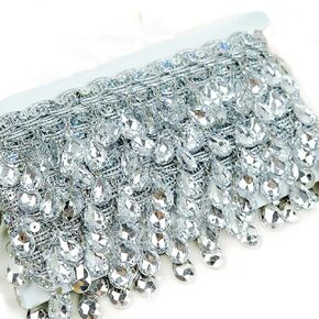 Yalulu 4.5 Yard Hanging Beads Fringe Lace Rhinestone Braided Ribbons Sewing Fringe Tassel Trim Apparel Trims DIY Craft Sewing Accessory (Silver)