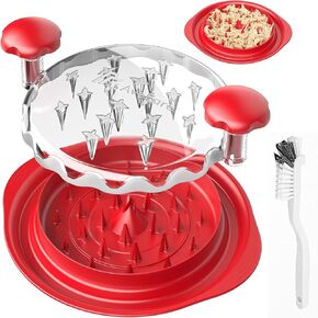 Chicken Shredder, Heavy Duty Highly Durable Chicken Shredder Tool Twist Large, Ergonomic Handle, Chicken Breast Shredder with Brush&Fork, BPA Free, Dishwasher-safe, Transparent Lid(Red)
