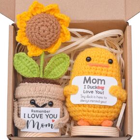 2PCS Handmade Emotional Support Pickle Cucumber Gifts, Funny Knitted Cucumber with Front Card and Wooden Base Sunflower Pot Office Decoration