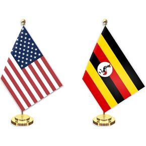 2 حزمة Aganda American Desk Small Flag Set ، 5 × 8 بوصات لافتة سطح المكتب الأوغندية المصغرة ، ديكور القطب الصلب 12 بوصة ، لافتة بوليستر رقمية صغيرة مع قاعدة ذهبية