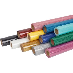 FUNKAKA Glitter Heat Transfer HTV Vinyl Bundle, 12 Rolls 12" x 5ft Iron On Vinyl for T-Shirt 12 Assorted Colors Glitter HTV Vinyl for All Cutter Machines Easy to Cut