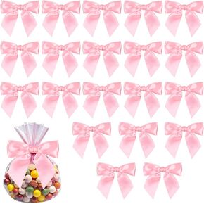 Lusofie 20 Pcs Pink Twist Tie Bow 4.5" Pre-Tied Pink Bows for Gift Wrapping Large Satin Twist Tie Bows for Gift Wrapping Treat Bag Bridal Shower Thanksgiving