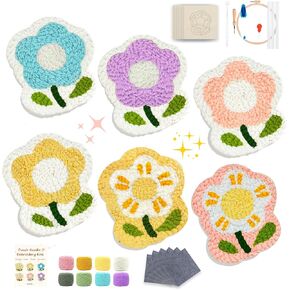 Punch Needle Kit - 6 Floral Design Punch Needle Embroidery Kit, Punch Needle Kits Adults Beginner, Essential Punch Needle Supplies for Crafters - Monk Cloth, Embroidery Hoop, Yarn & More