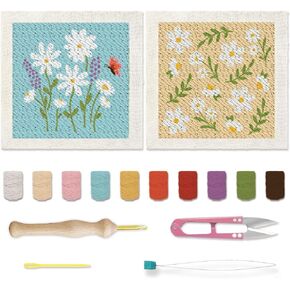 BEUNITONE 2 Sets Daisy Flower Punch Needle Embroidery Starter Kits Flowers Plants Punch Needle Kit for Beginners Punch Embroidery Kits with Frame Instructions for Wall Painting Decor 9.4'' x 9.4''