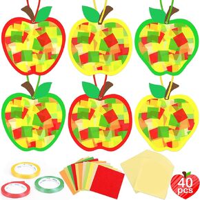 Renbuzhu 40PCS Back to School Apple Crafts Bulk: Tissue Paper Sign Suncatchers, First Day of Classroom Activities DIY Kit, Fall Decorations, Window Stained Glass Effect Art Supplies
