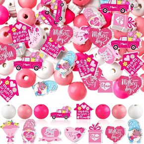 Ripeng 200 Pcs Mother's Day Wooden Beads Heart Flower Pink and Red DIY Wood Beads for Crafts Jewelry Making Gifts Garlands Home Decor Birthday Anniversary