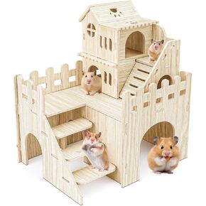 Wooden Hamster Hideout, Hamster Houses and Hideouts with Climbing Ladder, Hamster Maze Hamster Accessories for Bigger Syrian Hamsters and Small Animals