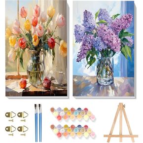 Pack Yarnwhimsy 2 Pack بأرقام مع حامل إطار من الخشب ، طلاء الزهور بواسطة أرقام أرقام للبالغين ، طلاء الأزهار بأرقام على قماش ، مجموعات هدايا للطلاء الزيتي السهلة لديكور الجدار المنزلي 8x12inch