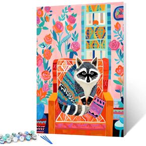 Tucocoo Raccoon يجلس على كرسي الطلاء من قبل البالغين للبالغين الباستيل الملون DIY Paint بأرقام الطلاء الأكريليكي Clut