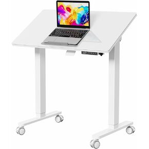 35inch Glass Standing Desk，90° Tiltable Mobile Rising Desk Height Adjustable，Whole Piece Rolling Sit Stand Table with Wheels，Foldable Small Laptop Desk，White
