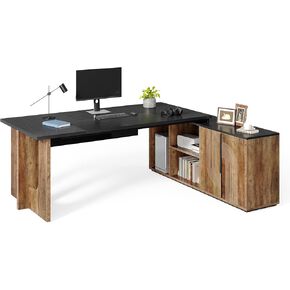 LITTLE TREE 74-Inch Executive L-Shaped Desk with Storage Cabinet & Shelves, Large Home Office Computer Desk, Modern Business Workstation for Professionals (Brown & Black)