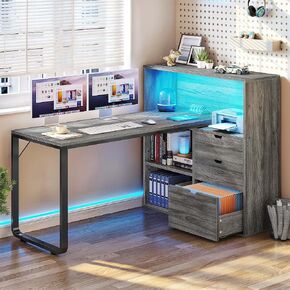 YITAHOME L Shaped Desk with Power Outlets & LED Lights & File Cabinet, 55" Corner Computer Desk with 3 Drawers & 3 Storage Shelves, Home Office Desk with Bookshelf, Black