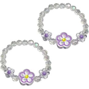 2 Pack Clear Crystal Beaded Bracelet Purple Flower Charm Jewelry Stretchy Princess Bracelets for Party Favor Pretend Play Ornament Friendship Birthday Gifts