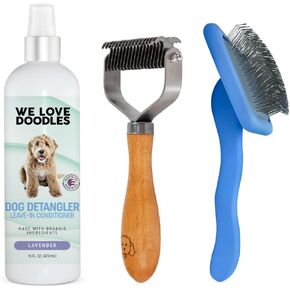 نحن نحب رسومات الشعار المبتكرة في Dematting Rake & Slicker Brush Kit مع رش الكلاب Detangler | قم بإزالة الحصير والعقد والتشابك