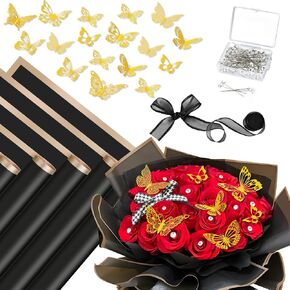 Mauproy 168 Pcs Flower Bouquet Wrapping Paper Set, 20 Sheets Black Floral Wrapping Paper with 3d Gold Butterflies, Diamond Pins and Ribbons for DIY Bouquets Florist Wrap Mother's Day
