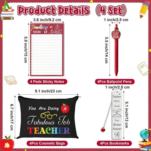 مجموعة هدايا تقدير المعلمين Cy2Side - 16pcs العودة إلى المدرسة ، شكرًا لك مجموعة الهدايا تشمل حقائب مستحضرات التجميل السوداء ، والملاحظات اللزجة الحمراء ، والأقلام والإشارات المرجعية المعدنية مع شرابات لأفضل المعلمين ، و 4 مجموعات in Kuwait