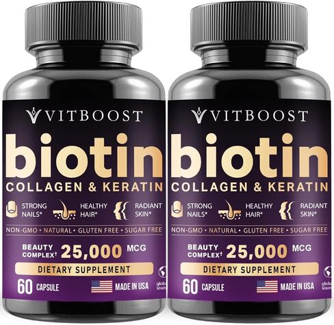Biotin with Hyaluronic Acid, Collagen and Keratin – 25000 mcg Hair Growth Vitamins for Men and Women – Nails and Skin, USA Made - Third Party Tested, B1, B2, B3, B6, B7 Complex - 60 Capsules in Saudi Arabia