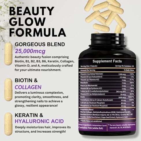 Biotin with Hyaluronic Acid, Collagen and Keratin – 25000 mcg Hair Growth Vitamins for Men and Women – Nails and Skin, USA Made - Third Party Tested, B1, B2, B3, B6, B7 Complex - 60 Capsules in Saudi Arabia