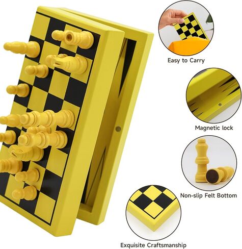 TUNJILOOL 3 in 1 Table Chess Set, Portable Folding Wooden Handmade Travel Chess Set with Game Pieces and Storage Slot (18cm) in Kuwait