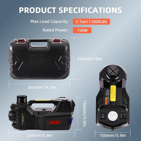 جاك سيارة كهربائية 5 طن 12 فولت مقبس كهربائي مع مضخة نفخ مدمجة رافعة هيدروليكية كهربائية لتغيير إطارات السيارة SUV باللون الأسود in Kuwait