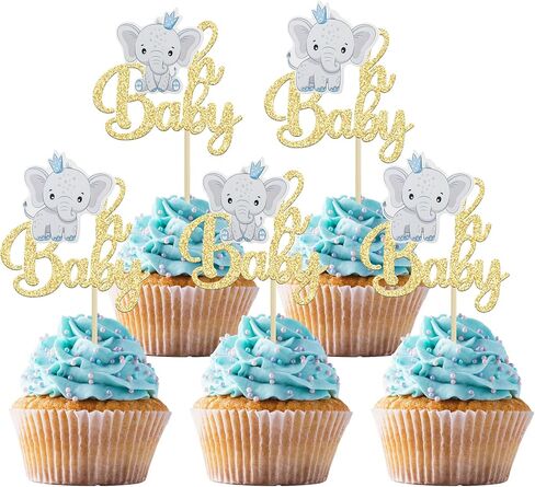 Gyufise 24Pcs Blue Elephant Oh Baby Cupcake Toppers Gold Glitter It's a Boy Cupcake Picks Gender Reveal Cake Decorations for Elephant Theme Baby Shower Kids Boys Birthday Party Cake Decorations in Saudi Arabia