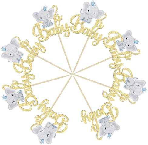 Gyufise 24Pcs Blue Elephant Oh Baby Cupcake Toppers Gold Glitter It's a Boy Cupcake Picks Gender Reveal Cake Decorations for Elephant Theme Baby Shower Kids Boys Birthday Party Cake Decorations in Saudi Arabia