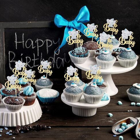 Gyufise 24Pcs Blue Elephant Oh Baby Cupcake Toppers Gold Glitter It's a Boy Cupcake Picks Gender Reveal Cake Decorations for Elephant Theme Baby Shower Kids Boys Birthday Party Cake Decorations in Saudi Arabia