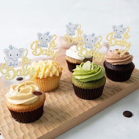 Gyufise 24Pcs Blue Elephant Oh Baby Cupcake Toppers Gold Glitter It's a Boy Cupcake Picks Gender Reveal Cake Decorations for Elephant Theme Baby Shower Kids Boys Birthday Party Cake Decorations in Saudi Arabia