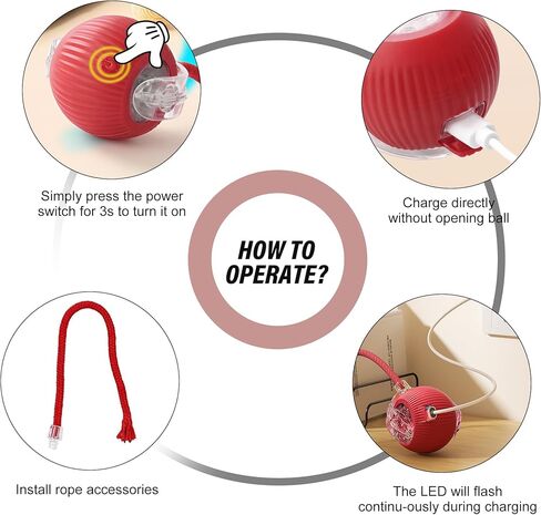 Indoor Cat Interactive Toy - Random Rolling, Flashing on Floor, 360 Automatic Rolling Toy Electric Dog Ball for Dogs/Cats (Red) in Kuwait
