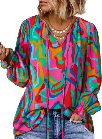 Eytino Women Plus Size Boho Floral Printed Tops Casual V Neck Long Sleeve Drawstring Blouses Shirts(1X-5X) in Kuwait