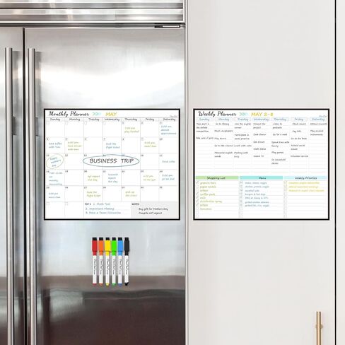 Clever Clean Non-Magnetic Weekly Calendar for Fridge 16.5"x13.5" - Restickable Dry Erase Calendar Sticks to Most Smooth Surfaces - 6 Markers Included in Saudi Arabia