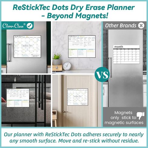 Clever Clean Non-Magnetic Weekly Calendar for Fridge 16.5"x13.5" - Restickable Dry Erase Calendar Sticks to Most Smooth Surfaces - 6 Markers Included in Saudi Arabia