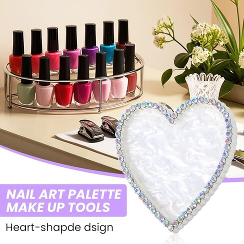 Resin Nail Art Palette Nail Painting Mixed Color Palette Gold Edge Nail Holder Display Board Heart Rhinestone DIY Makeup Pallet Polish Gel Color Mixing Tray Cosmetic Mixing Tools (Silver) in Kuwait