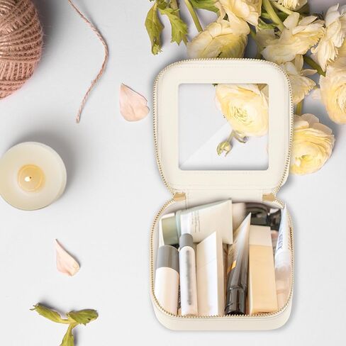 حقيبة تنظيم مستحضرات التجميل الشفافة لهدايا عيد الميلاد من برايت، حقيبة مستحضرات تجميل للسفر مقاومة للماء، حقيبة للعناية بالبشرة مع سحاب ذهبي (بيج) in Kuwait